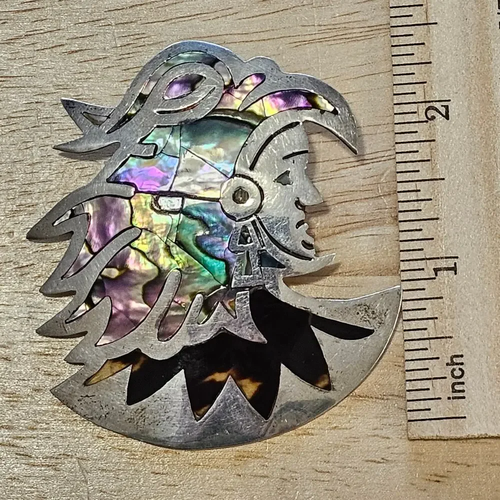 Taxco Mexico Sterling Silver and Abalone Aztec Warrior Chieftan Brooch & Pendant